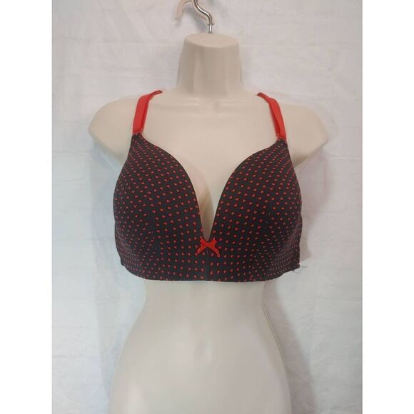 Cacique Women's Size 36DD Black/Red Hearts Lace Wire Free Plunge Bra - Picture 1 of 7